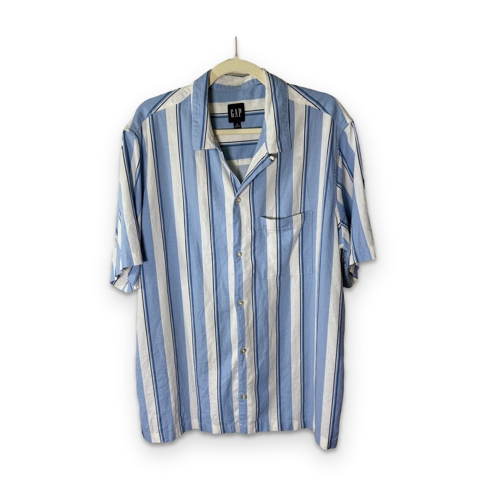 Gap Mens XL Short Sleeve Linen Blend Striped Button Down Shirt Blue White